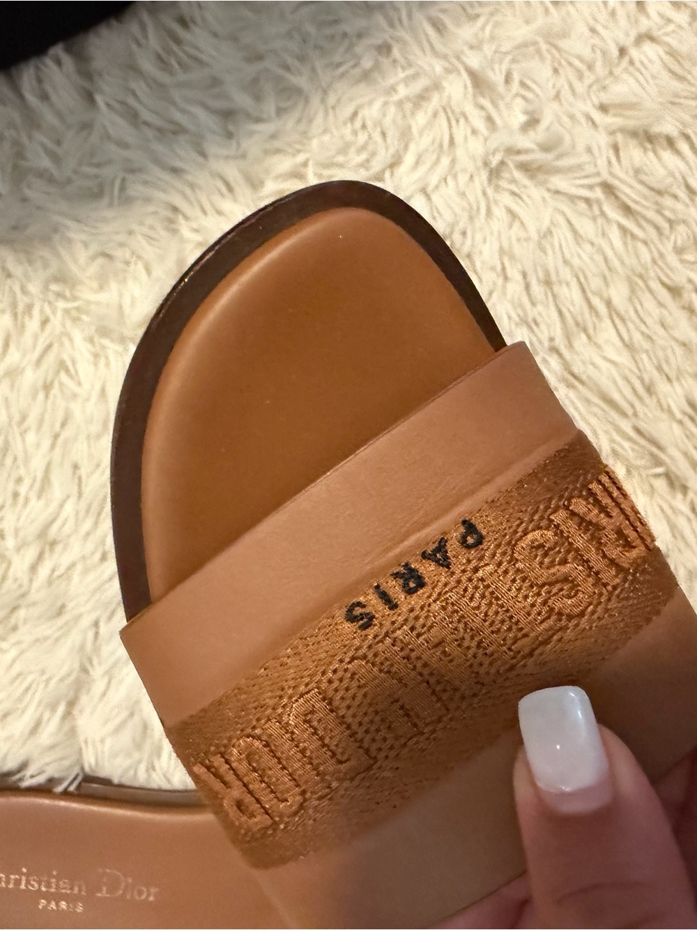Dior Tan Leather and Fabric Logo Slide Sandals - Picture 3 of 6